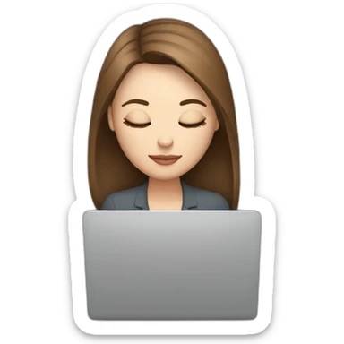 woman eyes closed behind a laptop. There is a coffee mug in front of the laptop. The woman has middle brown straight hair and pale skin. sticker