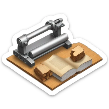 isometric BOOK with picture of wood logs, metal rods, fabric, cnc machine sticker