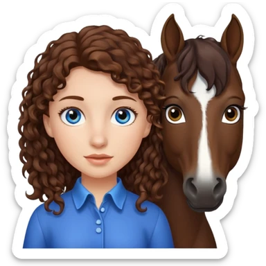 Girl with brown curly hair and blue eyes with an all dark brown horse that has straight hair sticker