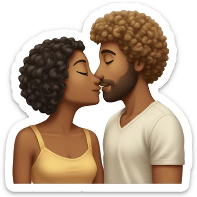 Tan guy with curly man bun giving curly fro tan girl a kiss sticker