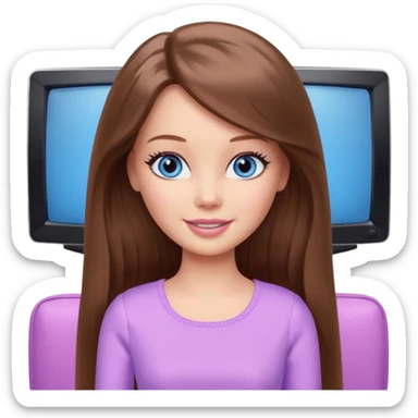 beautiful barbie girl with long brown hair, blue eyes and wearing light purple clothes watching tv sticker