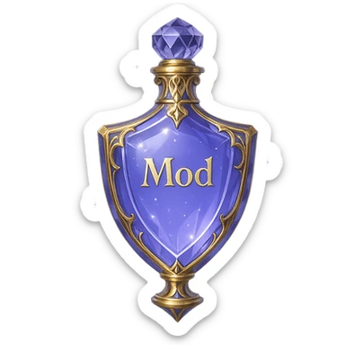 Very luxurious, exceptional crystal shield-shaped elixir bottle, color #7986cb, with inscription 'Mod', maximum glow, edges, ornaments, golden details, subtle magical effects, unique shape accents, transparent background, beautiful seamless bottom, bottle clearly floating in air, no base or shadow, premium class, modern, fits collection. sticker