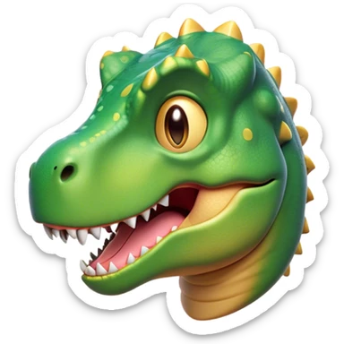 Cinematic Cute T-rex Portrait Emoji, Head tilted playfully with a big, endearing smile, featuring a compact, fierce yet friendly form with a massive head, tiny arms, and sparkling, mischievous eyes, Simplified yet irresistibly adorable features, highly detailed, glowing with a warm, inviting prehistoric glow, high shine, affectionate and lively, stylized with a touch of whimsical dinosaur charm, soft glowing outline, capturing the essence of a mischievous yet lovable T-rex that seems as if it could stomp out of the screen into your heart! sticker