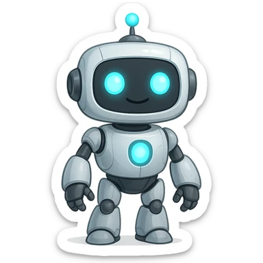 a friendly AI robot with glowing eyes, futuristic and approachable design sticker