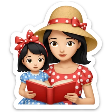 A black hair mother in a ribboned hat wearing polka dot dress reading a storybook to her child. sticker