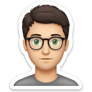 young man with dark poofier slightly curled hair wearing glasses with green eyes and very light stubble, minimal facial hair, with a slight smile sticker