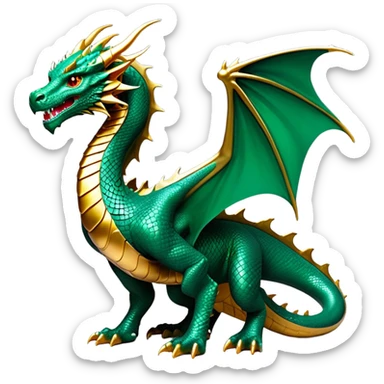 cinematic-noble-dragon-full body-emoji,-poised-and-majestic,-with-a-sinuous,-elongated-build-and-shimmering,-scale-covered-skin-in-hues-of-emerald-and-gold,-piercing,-fiery-eyes,-simplified-yet-sharp-and-sophisticated-features,-highly-detailed, zoomed out showing the serpentine body sticker