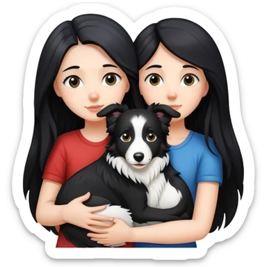 A white girl with long black  hair tightly hugged a Border Collie sticker