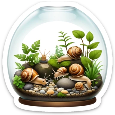 A collection of various snails and mollusks inside a big, lush terrarium with plants and moss. Some snails are crawling along the glass while others rest on pebbles. The scene is serene with soft lighting, showcasing the natural beauty of the mollusks. Transparent background. sticker