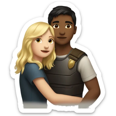 A girl with dark hair kisses a boy with blond hair, the boy has a small shield sticker