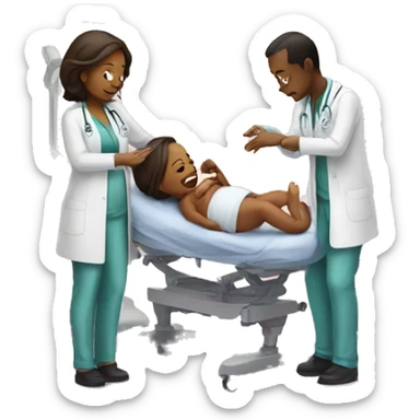 a woman gives birth and doctors stand nearby sticker
