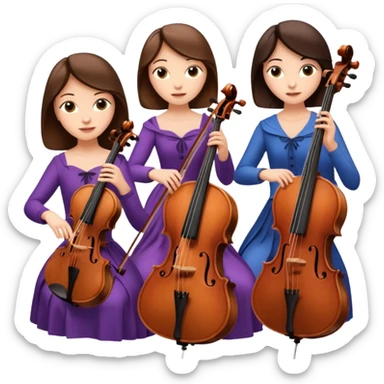 Create an imagine of three brunette women playing string instruments, the first is playing a cello, the second is playing a viola and the third is playing the violin sticker