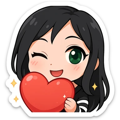 Twitch emote of a girl with black hair and green eyes, winking, in a shiny, detailed chibi style with large eyes, sparkles, soft shading, and a playful expression, matching the reference style. sticker