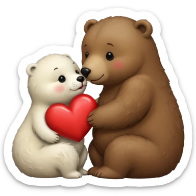 tiny white seal kissing a big brown bear with a heart between them sticker