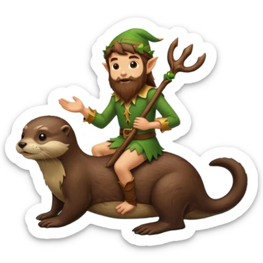 tiny forest elf man long brown hair beard riding an otter sticker