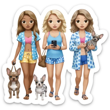 Three pretty women in beach clothes one walking a blue and gray spotted Merle Frenchie, one walking a black with tan chihuahua puppy, one holding iPhone, hazel eyed light skin with dark blonde long hair and light light skin hazel eyed long wavy brown hair, blue eyed light skin long blonde hair  sticker