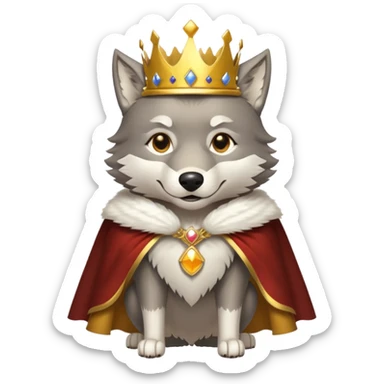 A majestic wolf wearing a golden crown and royal cape sticker