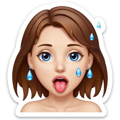 Girl with brown hair, blue eyes, a wet face and her tongue out. Can you make her face more wet? Can you add clear water droplets on her face and tongue? No water below her. Just on her face, hair and tongue. I like the first one in the top left corner. Can you do more variations of it sticker