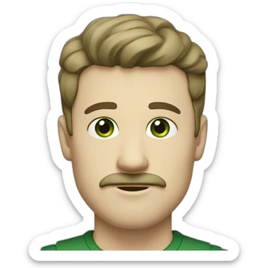 white man with moustache with a gap in the middle, dark brown straight hair fringe, forest green coloured eyes sticker