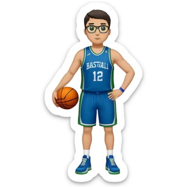 Full Body plus size tall white male with dark short hair basketball player wearing glasses wearing blue  with green uniform sticker