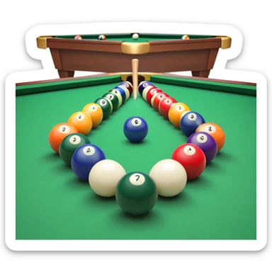 A close-up of a billiard table with a cue stick lined up to strike a colorful set of balls. The focus is on the precision of the shot, with the table’s green surface and the triangular arrangement of balls, creating a dynamic scene of strategy and concentration in the game of billiards. sticker