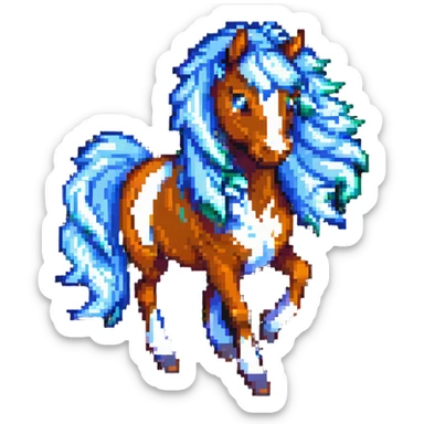 a free rein horse, mane flowing, joyful, pixel art style sticker