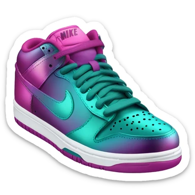 Realistic isolated top front view of a pair of metallic teal and metallic magenta ombre Nike Sneaker tennis shoes. sticker