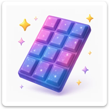 A chocolate bar with pink, blue, and purple colors, with a galaxy pattern, in 3D iOS style, with a white background, surrounded by small stars and sparkles. sticker