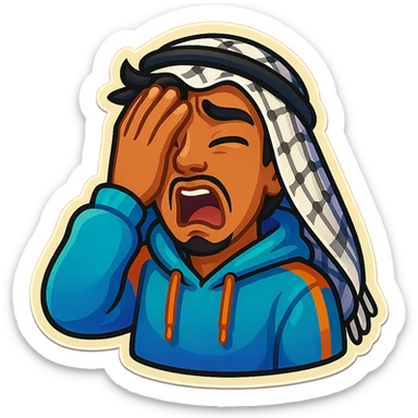 Ara, a young Arab man with medium brown skin, black hair, in casual Middle Eastern streetwear with keffiyeh scarf or hoodie, giving a dramatic facepalm like oh nooo, wild exaggerated facial expression, cartoonish, vibrant, bold, very expressive, emoji-style sticker sticker