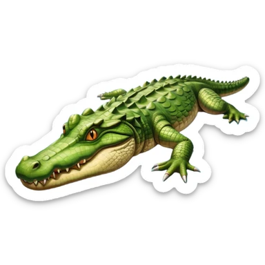 A large crocodile resting on a riverbank, part of its body in water, realistic scales and reflections, natural sunlight. sticker