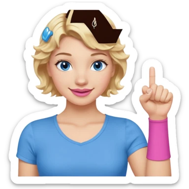 Girl Blonde short wavy hair,  blue eyes, cute blue top, long lashes, pink lips, smiling, fist bump sticker