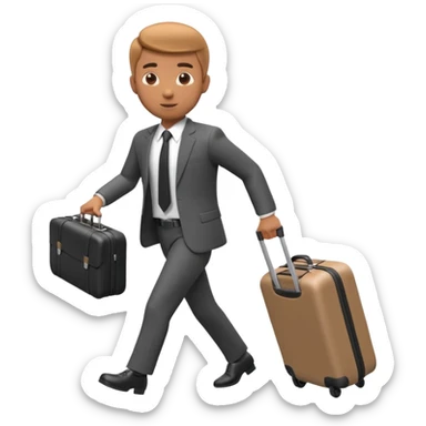 A 3D cartoon man in formal clothes pulling a suitcase behind him, slight motion blur, Memoji-style. sticker