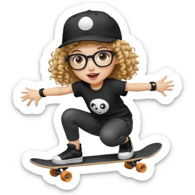 ["An excited girl with light skin, curly hair, wearing a baseball cap and square glasses, dressed in goth fashion, is skateboarding while holding a camera."] Pixal sticker