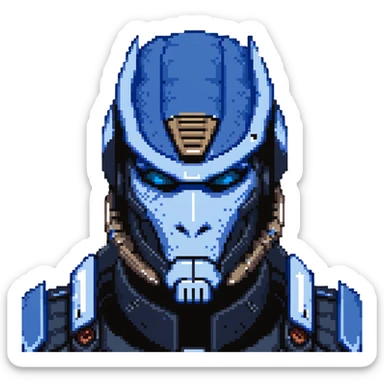 Garrus Vakarian from Mass Effect, turian with blue facial markings and targeting visor sticker