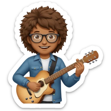 Guy with brown fluffy hair playing guitar with glasses sticker
