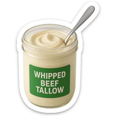 jar of whipped beef tallow, green label, spoon inside, creamy swirl, clean background sticker
