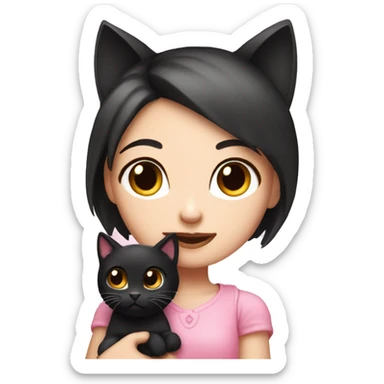 Cute white pink girly girl emoji holding black cat  sticker