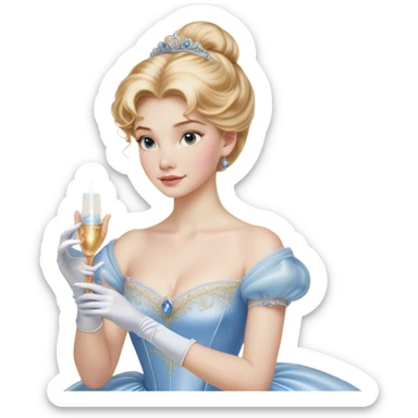 Cinematic Realistic Cinderella Portrait, depicted with lifelike skin texture, subtle rosy undertones, and soft natural lighting that enhances the gentle contours of her face. Her intricately detailed golden blonde hair is elegantly styled in an updo, with delicate wisps framing her face. Her deep, expressive blue eyes radiate warmth and sincerity, reflecting a quiet resilience and grace. She holds a glass slipper gently in one hand, her other hand resting gracefully at her side, emphasizing the timeless beauty of the moment. She is dressed in her iconic ball gown, the fabric shimmering with intricate embroidery and fine translucent layers that catch the light beautifully. The soft sheen of satin gloves adds a magical touch to her graceful pose. The portrait features an enchanting glow with a natural, luminous finish, seamlessly blending realism and fairytale charm to evoke a sense of depth, elegance, and timeless beauty. sticker