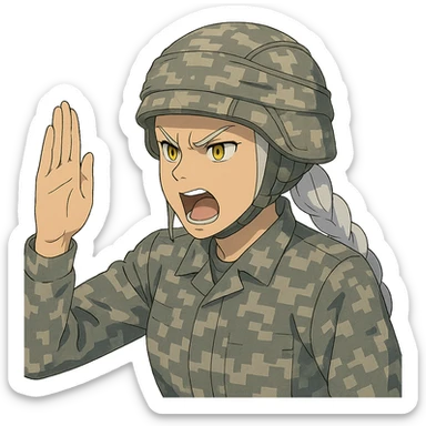Style of Anime, 1 female, gold yellow eyes, white hair lavender tips, locks in front, mohawk, long white braid, she is a drill sergeant at work, focused facial expression, shouting command, eyes looking down in front of her, a blade hand  vertical palm gesture "to the forward" direction, uniform of gray large scale digital camo. her head is covered with a PAGS style wrapped ballistic helmet sticker