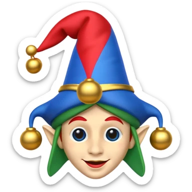 A 3D cartoon jester hat in red, blue, and green with bells, simple light background, Memoji-style rendering. sticker