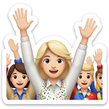 face with hands raised, confetti in the air, cheering at a parade sticker