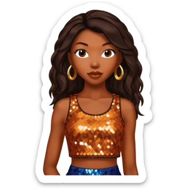 Brandy Norwood with long dark brown hair, sequin burnt orange crop top sticker