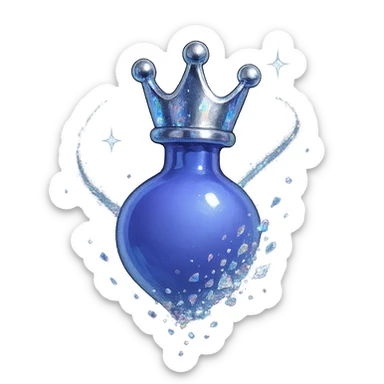 modernus galutinis prabangus labai mažas eliksyro buteliukas, karūnos forma viršuje, spalva #7986cb, apačia apvali ir uždara, sklandžiai susijungia su karūna, visas buteliukas atrodo tarsi plūduriuotų ir sklaidytųsi ore, ryškios sidabrinės ir holografinės detalės, stiprūs magiški efektai, labai mažas kaklelis, skaidrus fonas, vientisa apvali apačia, be šešėlio, kolekcijos stilius, dar mažesnės proporcijos sticker