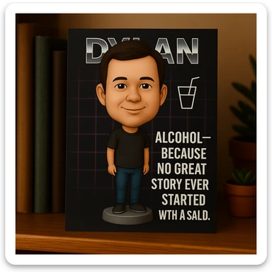 Refine the card: keep Dylan as a bobblehead character, minimal neon grid background, one drink icon, bold chrome text with the quote 'Alcohol—because no great story ever started with a salad.' Make the layout even cleaner and more balanced, using the same bobblehead style. sticker