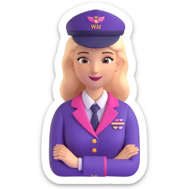 Wizz Air stewardess wearing uniform in Wizz Air signature pink and purple colors, friendly expression, airline style sticker