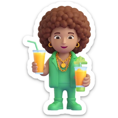 3D emoji of a character with a high curly afro hairstyle, wearing an ice out chain that spells 'samu', holding a lean drink and a joint in hand sticker