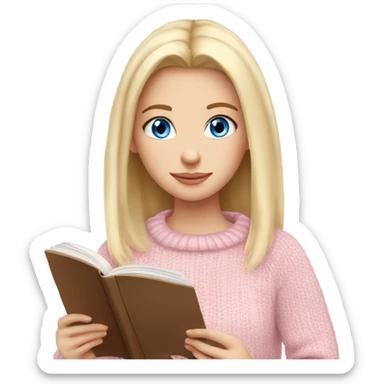Pretty blue eyed white girl with light pink sweater reading cozy sticker