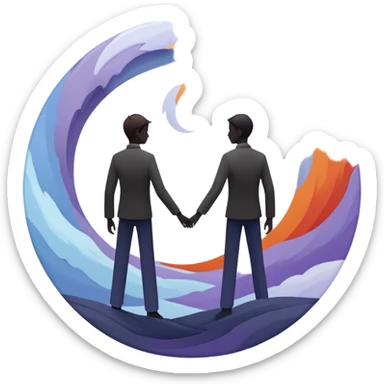 Center composition: Two silhouetted figures standing back-to-back or side-by-side in a circle of calm (soft blues, lavenders, white light)
Around them: Swirling storm energy—abstract shapes, wind lines, chaotic movement in reds, oranges, and dark grays sticker