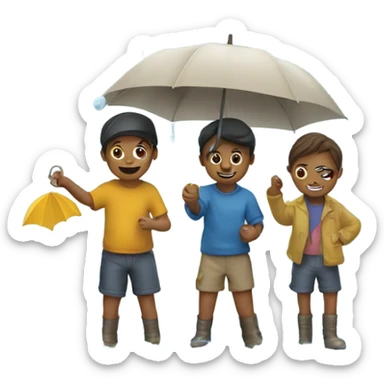 3 kids with a umbrella playing with a paper ship in the rain sticker