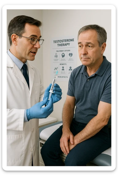 a doctor in a white coat prepares a syringe labeled “Testosterone” while a middle-aged man sits calmly on the examination table, sleeve rolled up and looking slightly apprehensive but trusting. The doctor explains the procedure, and a medical chart about testosterone therapy is visible in the background. The mood is professional and reassuring. sticker